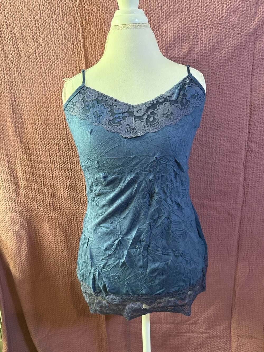 Crinkled Blue Cami Tank Top with Lace Trim